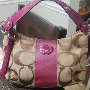 Coach Tan and Purple Signature Shoulder Bag